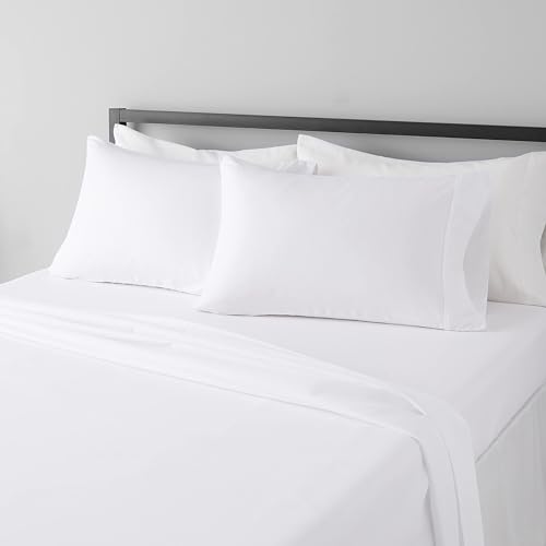 Amazon Basics Lightweight Super Soft Breathable Wrinkle-Resistant Microfiber 4-Piece Bed Sheet Set with 14-Inch Deep Pockets, Queen, Bright White, Solid