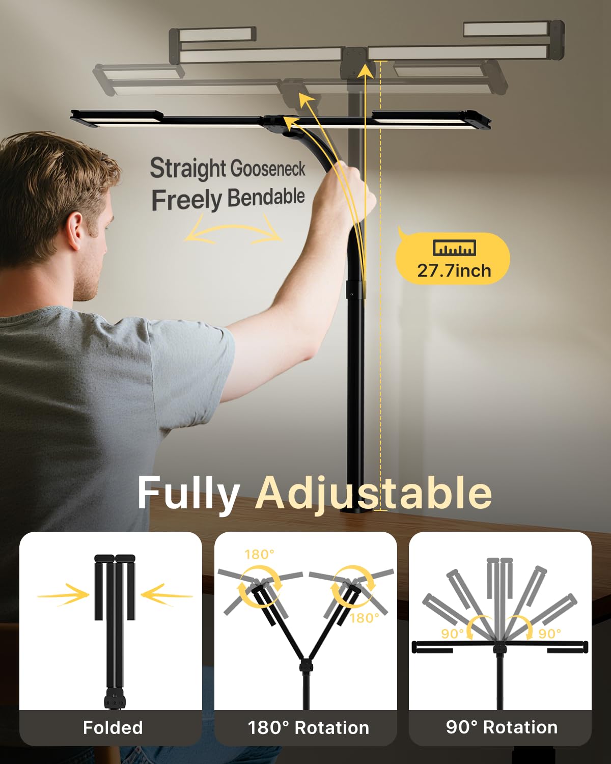 ONEMIX 42" Desk Lamp for Home Office with Clamp, 1800LM 4-Panel LED Light | 5 Colors & 5 Brightness Levels, Flexible Gooseneck, Focused/Wide Lighting, Flicker-Free for Dual Monitors, Study & Workbench