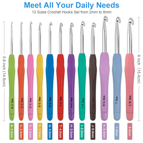 MECHEER Crochet Hooks 12 Sizes Set, 51 Pack Yarn Crochet Kit for Beginners | Knitting Needles with Ergonomic Handles for Arthritic Hands, Crochet Needle Kit with Blue Case for Crocheters
