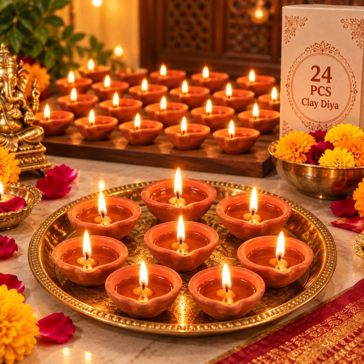 TIED RIBBONS 24 pcs Handmade Natural Clay Diya for Indian | Traditional Homemade Diwali Diyas Tealight | Indian Oil Lamp | Diwali Decorations | Indian Gifts, Pooja Decor | Terracotta Diyas