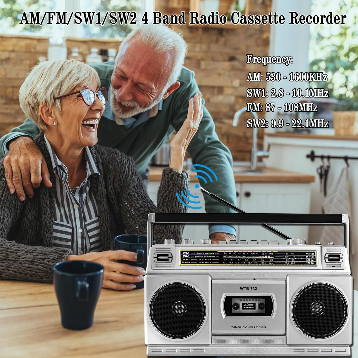 Retro Classic 80s Style Portable Boombox with Cassette Player Recorder, AM/FM/SW1/SW2 Radio, Bluetooth, USB/Micro SD Slots, Headphone Jack, 24W Dual Full-Range High Bass Speakers