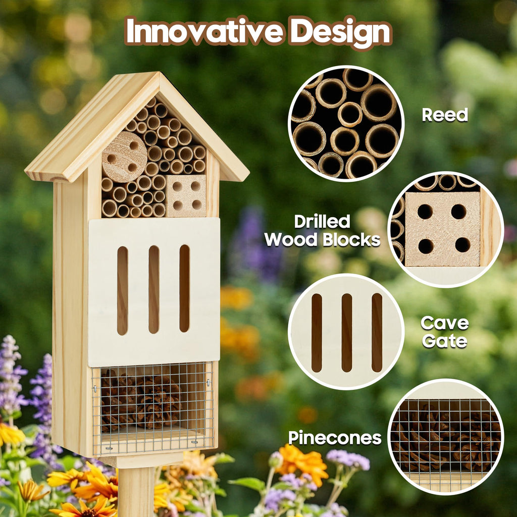 UUMENHA Bee House Bug Hotel & Butterfly House with Stake,Ladybug Hotel | Natural Insect Habitat for Garden, Patio, or Yard, Attracts Pollinators, 10.4 x 5.5 x 3.2 Inches,14 inches Stake