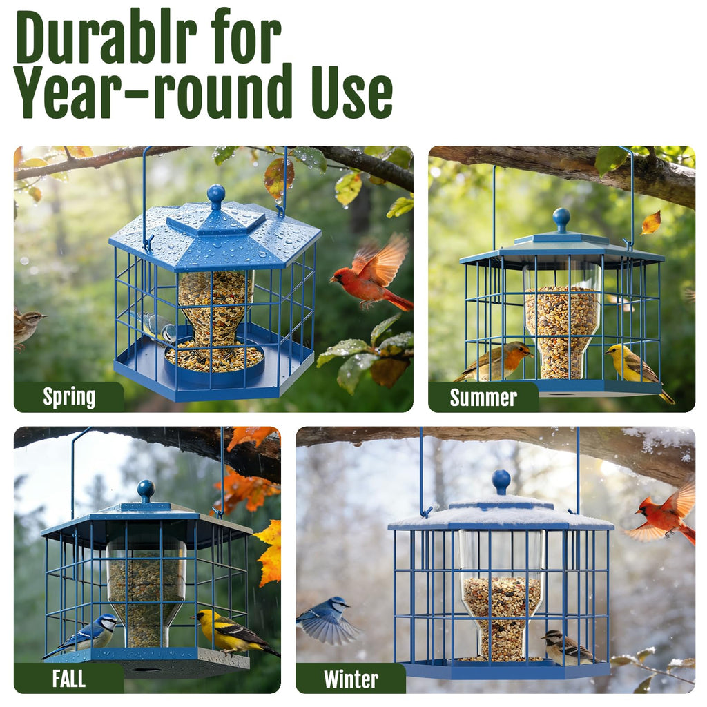 Birdream Squirrel Proof Bird Feeders for Outdoor Hanging, Metal Cage Bird Feeder with Rain Proof Covered for Wildbirds Bluebird Finches, Blue