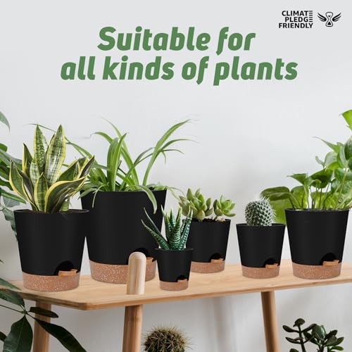 YNNICO 8,7, 6.5, 6, 5.5, 5 Inches Self Watering Planters for Indoor Plants | Black,Drainage Holes and Saucers,Modern Lightweight Plastic Plant Pots for Indoor/Outdoor.