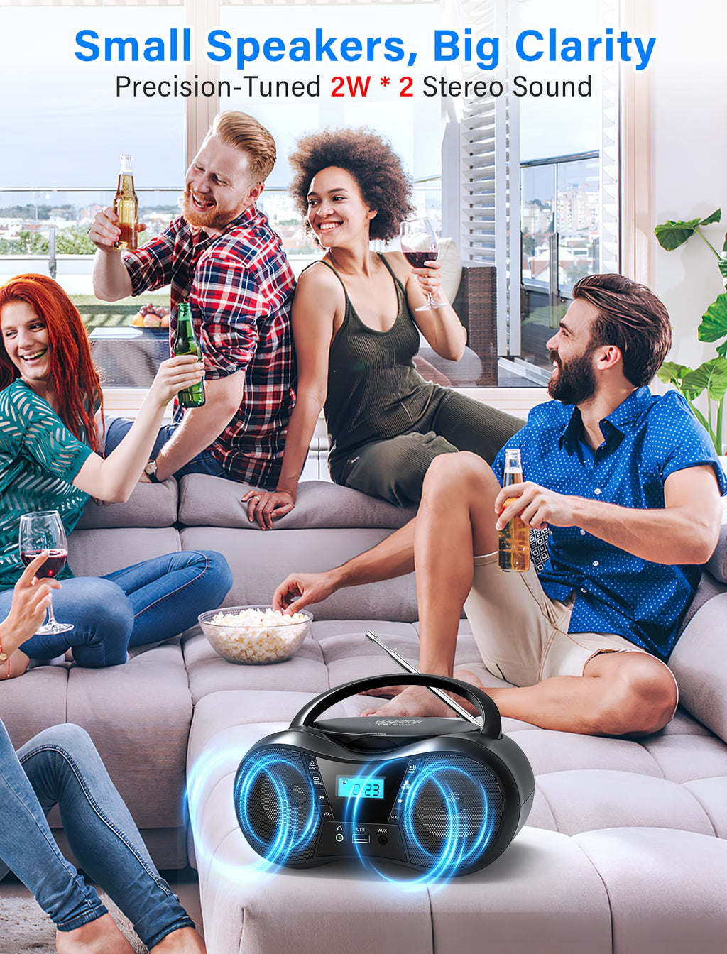 Greadio Portable Boombox CD Players for Home with Bluetooth, Stereo Sound | FM Radio CD Player, Simple Controls, CD/CD-R/RW, Compact, AC/Battery Power, USB & AUX Input Playback, Sleep Timer (Black