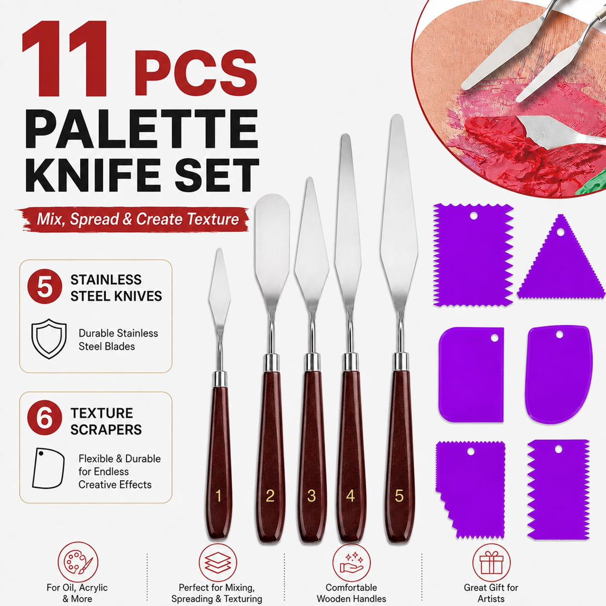Painting Palette Knife- 5pcs Palette Knives With 6 Plastic Scrapers Set | 11Pcs Art Paint Tool Stainless Steel Spatula for Oil, Canvas, Acrylic Painting & Cake Decorating