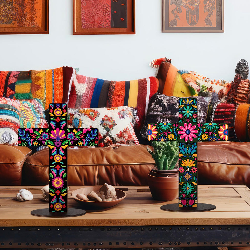 Pinkunn 2 Pcs Day of The Dead Cross Decor, Floral | 9 X12 in Hand Painted Wooden Dia De Los Muertos Cross, Mexican Altar Ofrenda Decor, Spanish Crucifix, Home Church Centerpiece