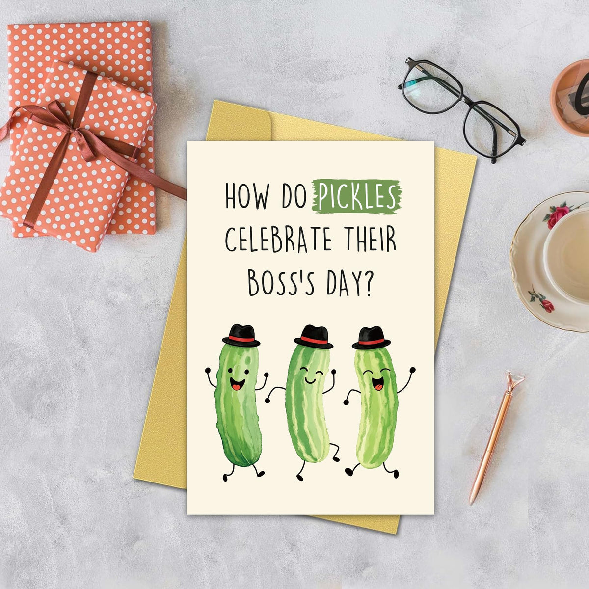 Funny Pickle Pun Boss's Day Card for Boss,Boss's Day Card Gift for Him Her. | Cute Pickle Boss Day Card, Humorous Workplace Joke Card for Boss with Golden Envelope