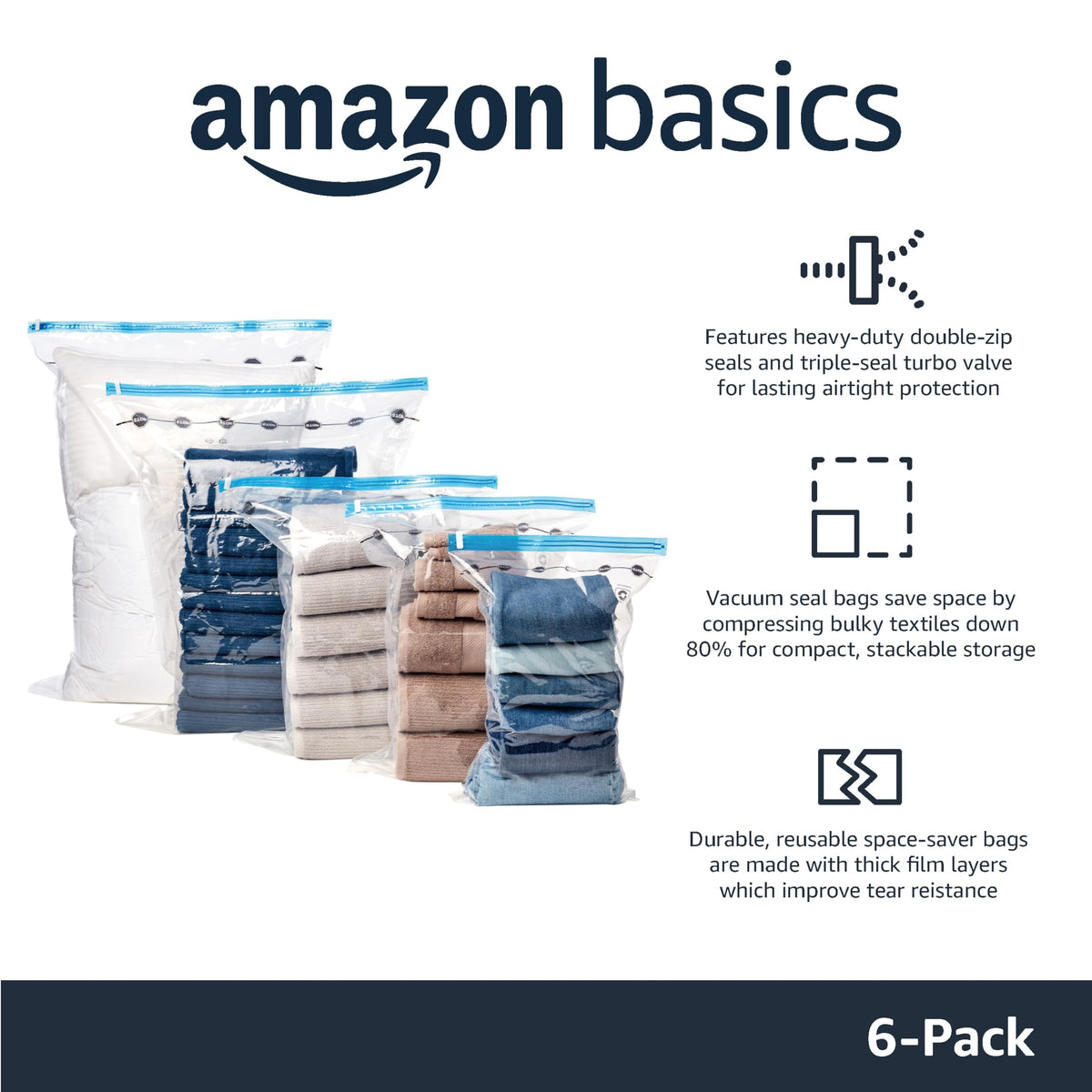 Amazon Basics Vacuum Storage Bags with Hand Pump, Jumbo, 6-Pack, Clear