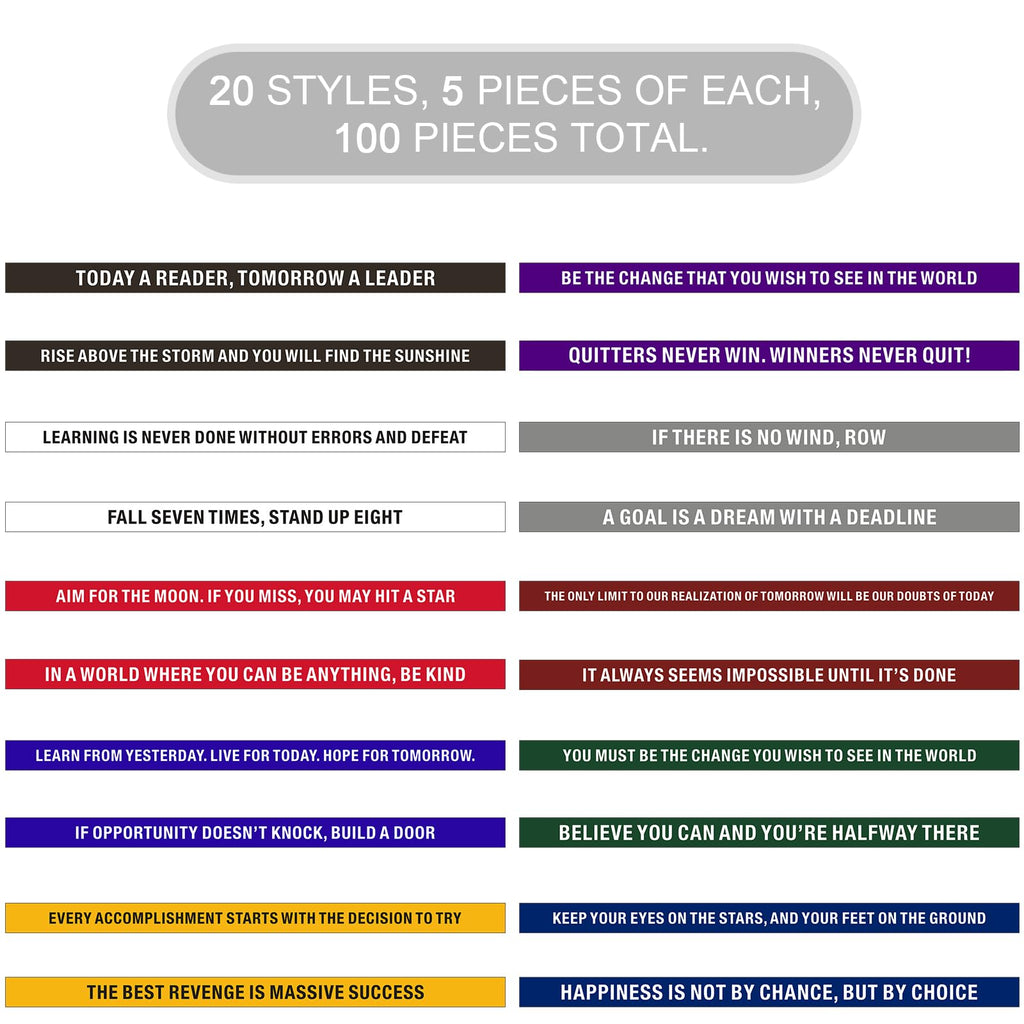 QEERBSIN 100 Pcs Motivational Silicone Wristbands Inspirational Bracelets | 20 Styles For Fitness Sports & Team Building, Perfect Encouragement Gifts For Men Women And Students