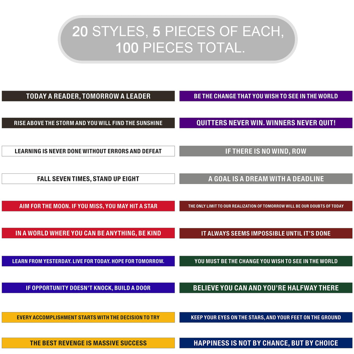 QEERBSIN 100 Pcs Motivational Silicone Wristbands Inspirational Bracelets | 20 Styles For Fitness Sports & Team Building, Perfect Encouragement Gifts For Men Women And Students