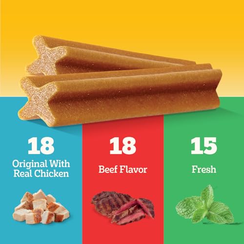 Pedigree Dentastix Large Breed Dental Dog Treats, Variety, 51 Count | Original Chicken, Beef, and Fresh flavors, reduces plaque and tartar buildup, cleans teeth, freshens breath, for dogs 40+ lbs