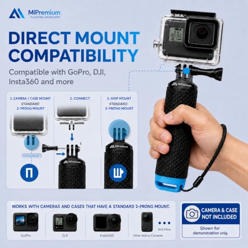 Floating Hand Grip Waterproof Monopod for GoPro Hero 13 12 11 10 9 8 7 6 5 | Compatible with Hero Session Black Silver Handler & Handle Mount Accessories Kit for Water Sport & Action Cameras (Blue)