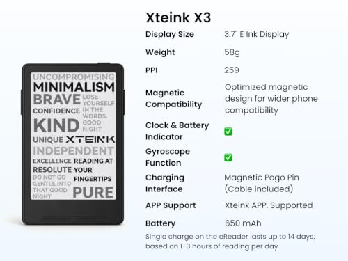 XTEINK X3 3.7" Pocket E-Ink eBook Reader,58g,Magnetic, Mini Ereader Devices | Ultra-thin 0.2" design with magnetic pogo-pin charging, gyroscope page-turn, 16GB storage, and distraction-free reading