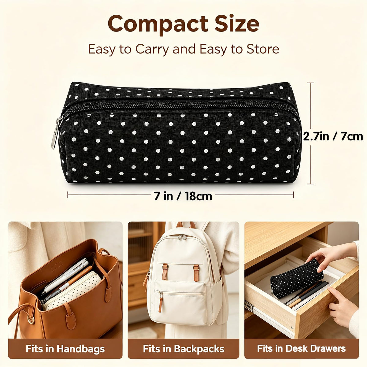 Polka Dot Pencil Case, Cute Pencil Pouch (Black) | Multi-purpose Makeup Bag for Women, Y2K Vintage Stationery Organizer for School & Travel