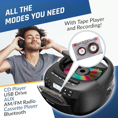 CD Cassette Player with Case, Bluetooth Boombox, AM FM Radio, USB Drive | 3W Stereo Speakers, Song Programming Included, Remote Operates Up to 6 Metres Away - Black