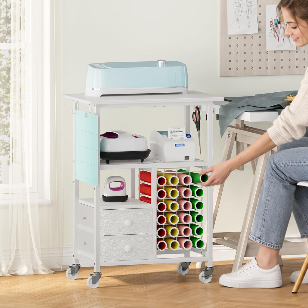 Snughome Rolling Craft Cart for Cricut Machine, Organizer and Storage Stand | 23.6" x 15" Worktop, Large Craft Organizer Cart with 24 Vinyl Roll Holders, 2 Fabric Drawers, 4 Hooks and 4 Silent Casters