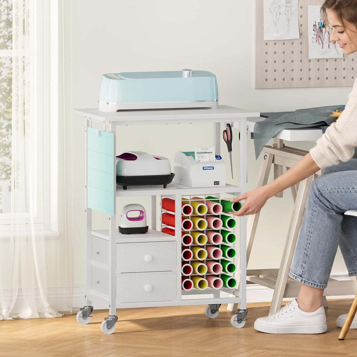 Snughome Rolling Craft Cart for Cricut Machine, Organizer and Storage Stand | 23.6" x 15" Worktop, Large Craft Organizer Cart with 24 Vinyl Roll Holders, 2 Fabric Drawers, 4 Hooks and 4 Silent Casters