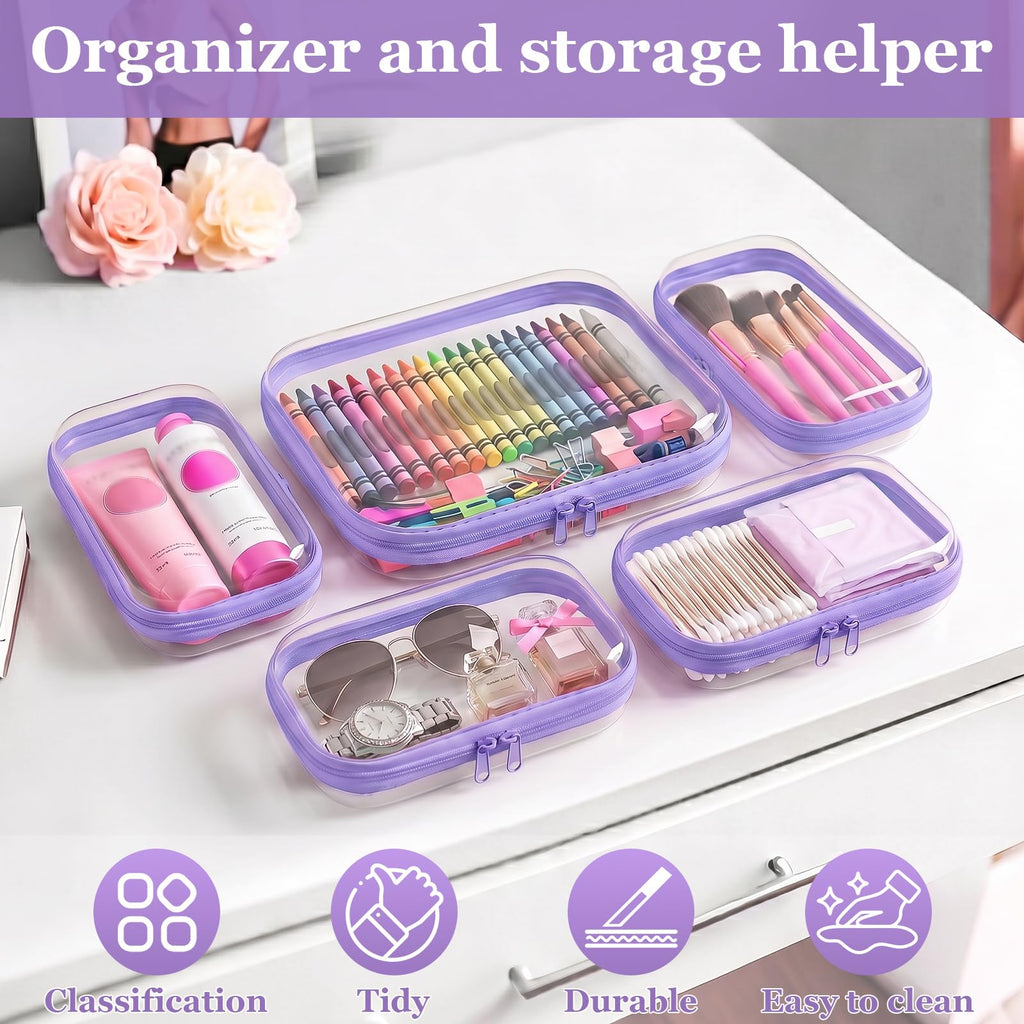 CarryEpic Clear Hard Shell Zipper Cases (5 Packs), Plastic Hard Sided Zippers Pouches Clear Hardshell Pencil Case For Storage, Diaper Bag Organizer Bliss Bins 4*Small/1*Medium, Purple