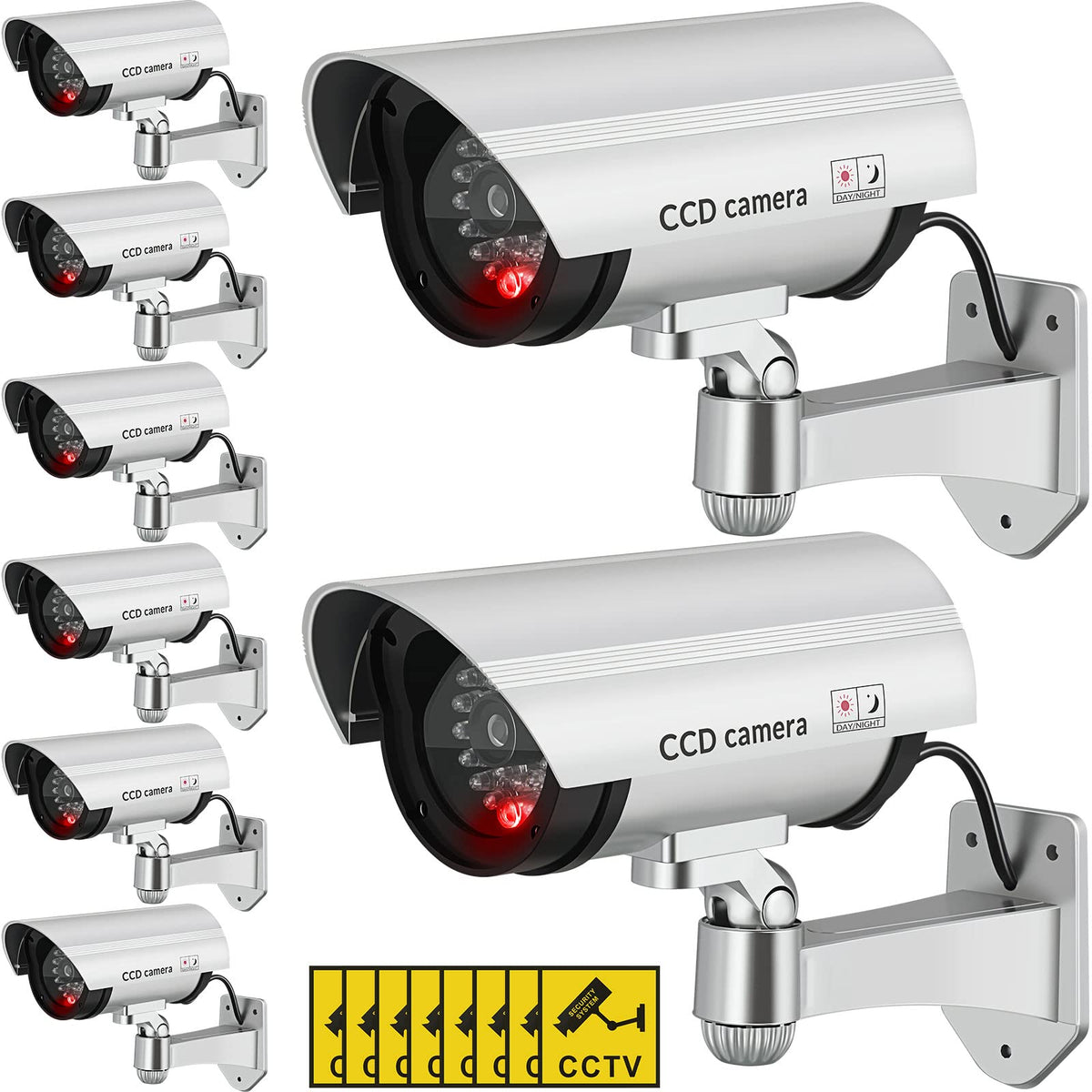 8 Pack Fake Security Cameras with Flashing LED for Home & Residential | Dummy Surveillance Camera, Front Door Backyard Driveway Mailbox Outside & Indoor Security, Fake CCTV, Warning Stickers