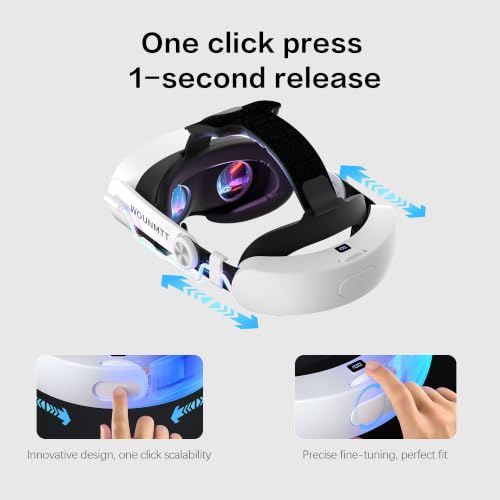 WOUNMTT Head Strap for Meta Quest 3/3S with Battery, Adjustable | Patented one-click fit with 3-level rear support. Built-in battery adds 2-4H playtime. Fast charge. Reduces facial pressure