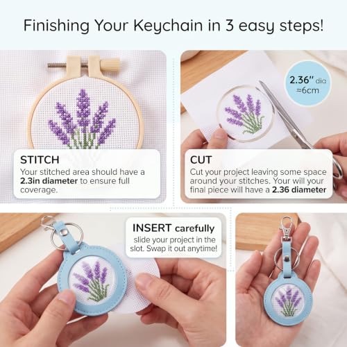 Whimsibelle 5 Pcs Self Finishing Needlepoint Key Fob Keychain, Round, Light | Self Finishing Needlepoint Kit, Needlepoint Keychain, PU Key Fob, Self Finishing Cross Stitch Keychain, Bag Charm DIY Key Fob
