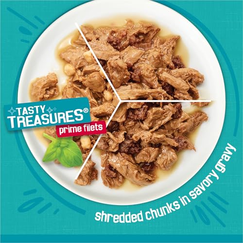 Friskies Purina Tasty Treasures Cat Food, Prime Filets Variety, (12) 5.5 oz | Chicken and tuna, chicken, ocean fish and turkey wet cat food in gravy or sauce, 100% complete & balanced for adult cats