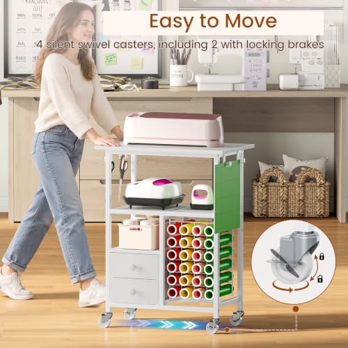 Snughome Rolling Craft Cart for Cricut Machine, Organizer and Storage Stand | 23.6" x 15" Worktop, Large Craft Organizer Cart with 24 Vinyl Roll Holders, 2 Fabric Drawers, 4 Hooks and 4 Silent Casters