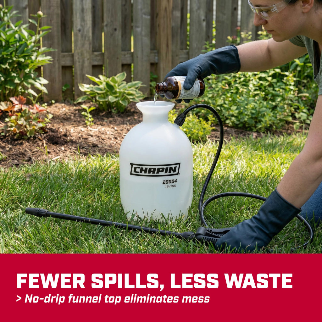 CHAPIN 20004 SureSpray 1-Gallon Pump Sprayer for Lawn, Garden & Weeds | See fluid levels at a glance; the funnel top makes filling easier, while the adjustable nozzle and 34-in hose extend reach