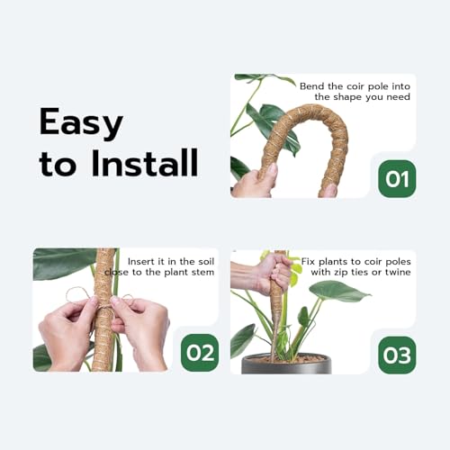Mcbazel Bendable Moss Pole for Plants 47 Inch, Monstera Plant Support Stake with 7mm Aluminum Core, Coconut Coir Climbing Pole for Monstera Pothos Philodendron, Complete Kit with Ties & Rope