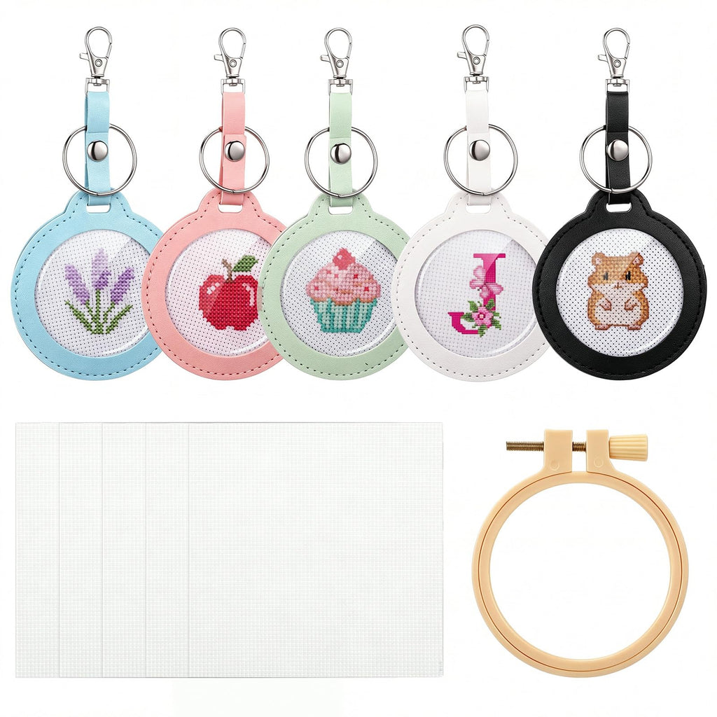Whimsibelle 5 Pcs Self Finishing Needlepoint Key Fob Keychain, Round, Light | Self Finishing Needlepoint Kit, Needlepoint Keychain, PU Key Fob, Self Finishing Cross Stitch Keychain, Bag Charm DIY Key Fob