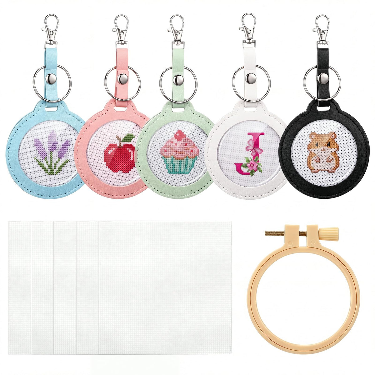 Whimsibelle 5 Pcs Self Finishing Needlepoint Key Fob Keychain, Round, Light | Self Finishing Needlepoint Kit, Needlepoint Keychain, PU Key Fob, Self Finishing Cross Stitch Keychain, Bag Charm DIY Key Fob