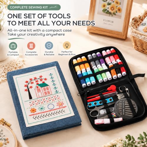 Embroidery Stitch Book Kit for Adults & DIY Craft Enthusiasts, Portable Embroidery Kit for Beginners, Includes Guide to 106 Patterns with Tools & Tutorials and 86-Piece Sewing Tool Set