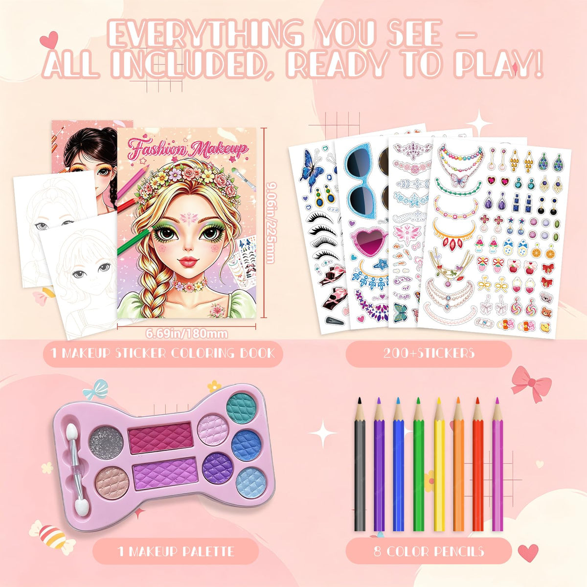 Elfew Makeup Sticker Coloring Books for Kids, Dress UP Toy for Girls 5-8 | 200+ Stickers with 8 Colored Pencils & Makeup Palette, Creative Activity Toy for Home Travel Party Gift