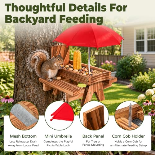 Squirrel Feeder for Outside, Funny Wooden Picnic Table with Mini Umbrella | Solid wood feeder for squirrels and chipmunks, drainage mesh, corn cob holder, feeding area, tree or fence mount