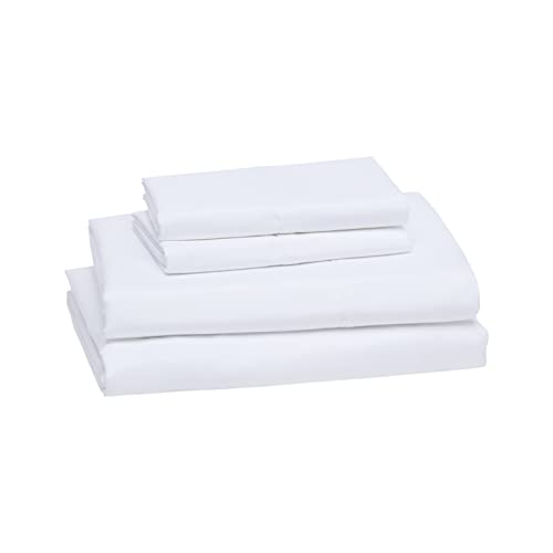 Amazon Basics Lightweight Super Soft Breathable Wrinkle-Resistant Microfiber 4-Piece Bed Sheet Set with 14-Inch Deep Pockets, Queen, Bright White, Solid