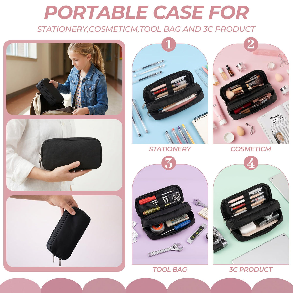 Della Gao Large Pencil Case, Big Capacity Pencil Pouch with 2 Compartments | Office Pencil Bag with Zipper, Big Pen Case for Adults (01-Black)