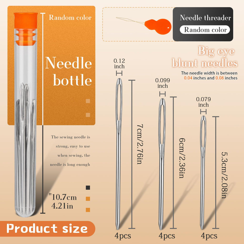 TLKKUE 12 Pcs/3 Sizes Large-Eye Blunt Needles, Steel Yarn Needle Silver | Tapestry Needle with Needle Threader for Sewing Crochet Knitting Embroidery (Silver 2.08in/2.36in/2.76in)