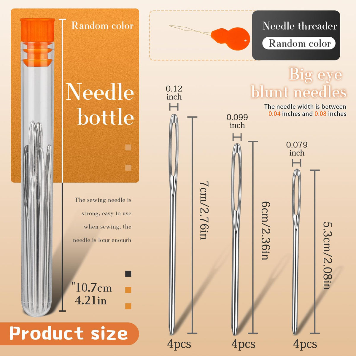 TLKKUE 12 Pcs/3 Sizes Large-Eye Blunt Needles, Steel Yarn Needle Silver | Tapestry Needle with Needle Threader for Sewing Crochet Knitting Embroidery (Silver 2.08in/2.36in/2.76in)