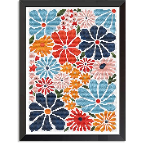 Stamped Cross Stitch Kits for Beginners-Modern Retro Floral,12x16in | 11CT Cross Stitch Kits for Adults,Partial Cross-Stitch Kit,DIY Arts and Crafts,Embroidery Kit for Adults Beginners,Frameless