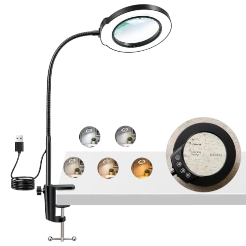 LED Desk Magnifying Lamp with Clamp,10X Magnifying Glass with Light | 5 Color Modes Stepless Dimmable Magnifier Light 3000K-6500K, 5V/2A USB Powered Hands Free Flexible Goose-Neck