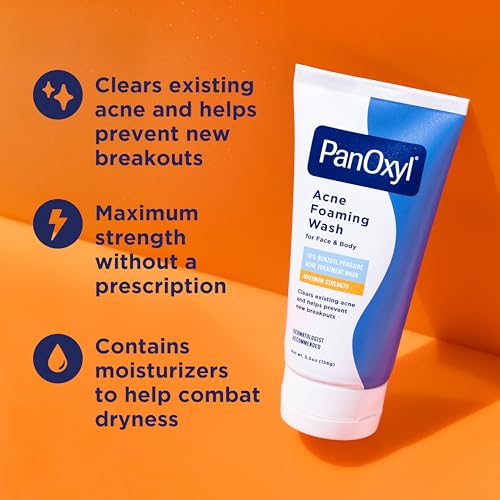 PanOxyl Acne Foaming Wash, 10% Benzoyl Peroxide, For Face & Body, 5.5 oz | Maximum Strength, Antibacterial Daily Cleanser, Treats & Prevents Acne, Non-Comedogenic, Vegan, Unscented, All Skin Types