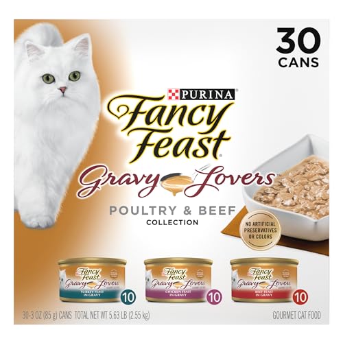 Purina Fancy Feast Gravy Lovers Wet Cat Food, 3 oz Cans, 30-Pack | Variety Pack with poultry and beef grilled gourmet recipes, made with no artificial colors or preservatives