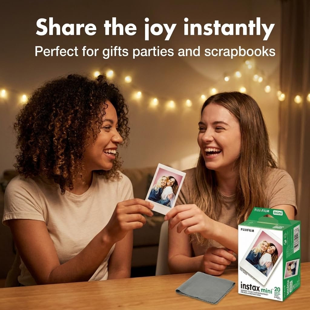 Fujifilm Instax Mini Instant Film, 20 Sheets – White Daylight ISO 800 for Instax Mini 13, 12, 11, 41 Cameras –Bundeld with The Tudak Store Microfiber Cleaning Cloth
