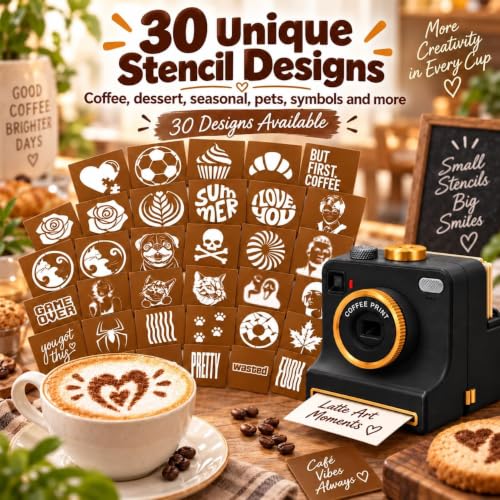 Manual Coffee Art Printer, Retro Camera-Style Latte Stencil Maker with 4/34 Random Pattern Cards, One-Press Powder Reusable Coffee Art Tool for Cappuccino, Foam Drinks，White：34 Random Stencils