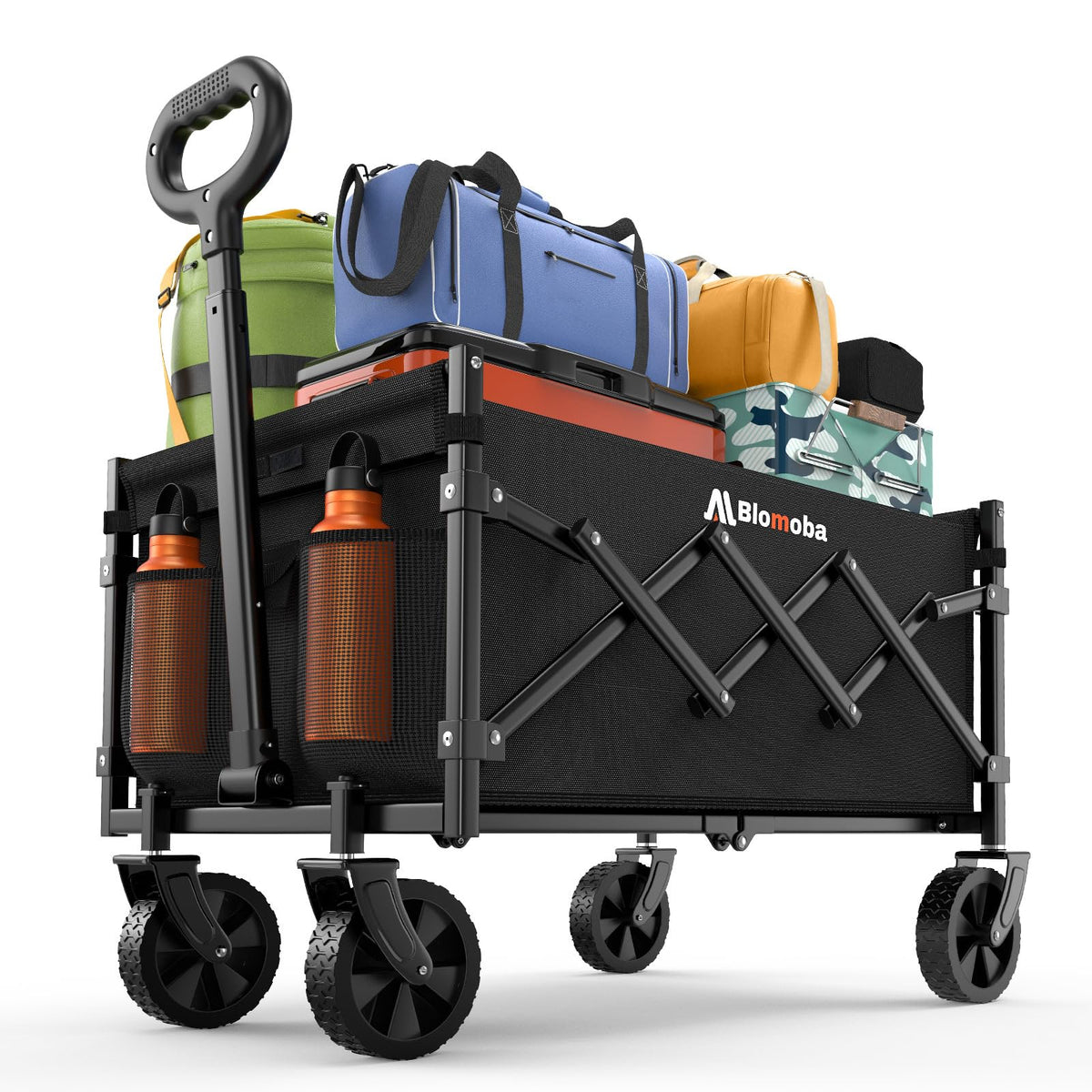 Blomoba Folding Wagon Cart with Wheels, 220lbs Utility Wagon Cart, Black | Collapsible Wagon with 360° All-Terrain Wheels & Adjustable Handle, Foldable Cart for Groceries Camping Sports Gardening