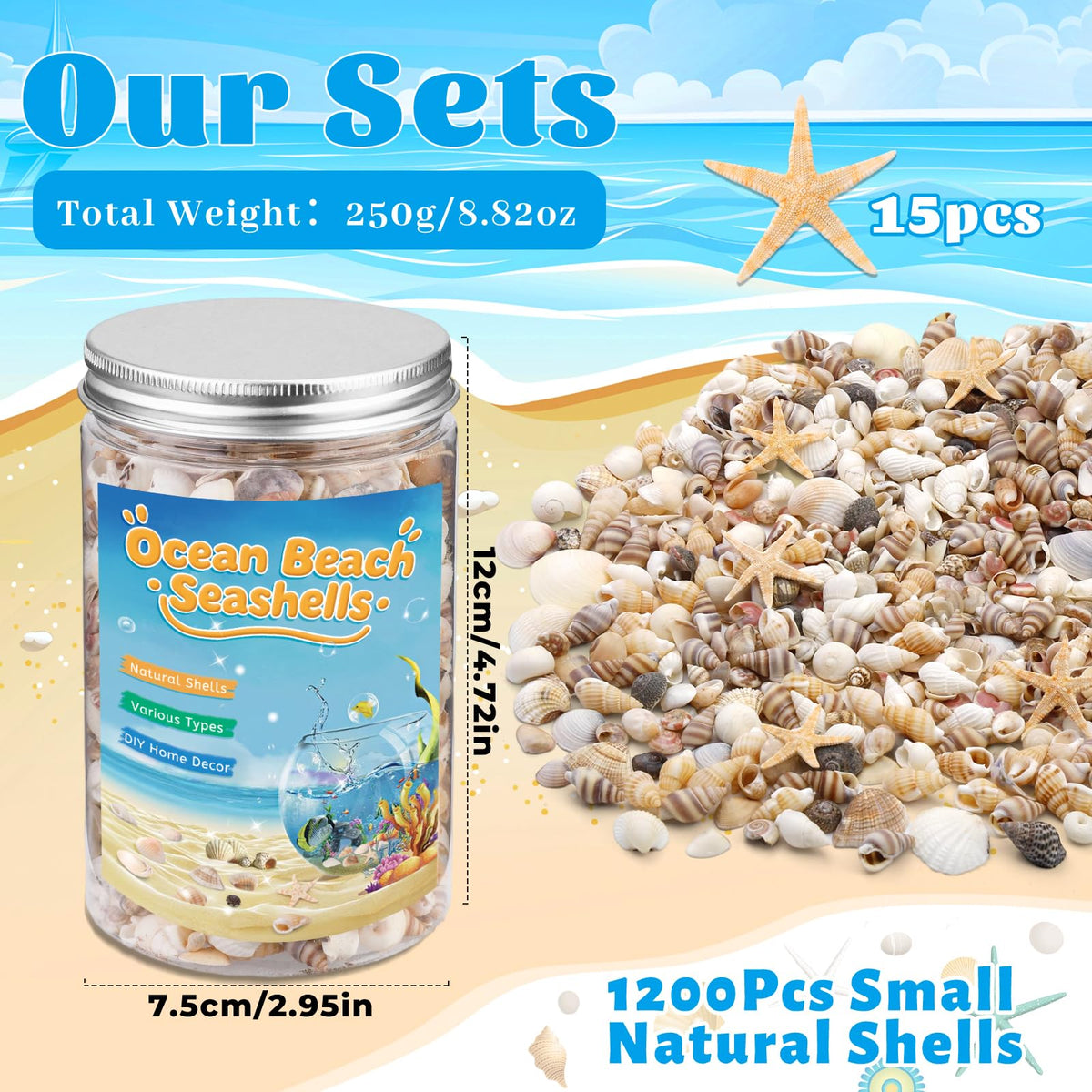 1200 Pcs Tiny Sea Shells, Seashells for Crafts with Small Shells Starfish | Mixed Ocean Beach Spiral Seashells for Beach Party, Fish Tank and Vase Filler, Wedding Decor, DIY Jewelry Candle Making