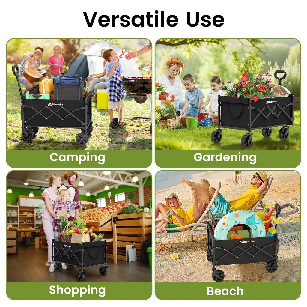 Blomoba Folding Wagon Cart with Wheels, 220lbs Utility Wagon Cart, Black | Collapsible Wagon with 360° All-Terrain Wheels & Adjustable Handle, Foldable Cart for Groceries Camping Sports Gardening