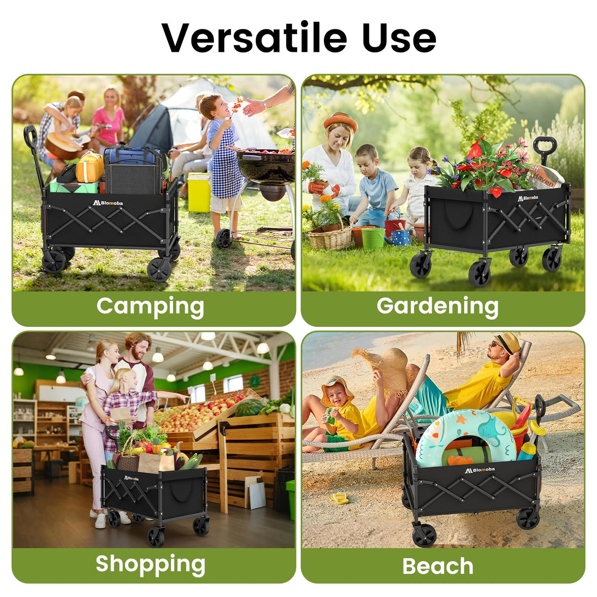 Blomoba Folding Wagon Cart with Wheels, 220lbs Utility Wagon Cart, Black | Collapsible Wagon with 360° All-Terrain Wheels & Adjustable Handle, Foldable Cart for Groceries Camping Sports Gardening