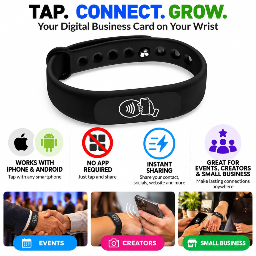 NFC Smart Business Card Wristband, Adjustable (Black) | QR Code, Waterproof Silicone, Tap to Share Contact Info, Works with iPhone and Android